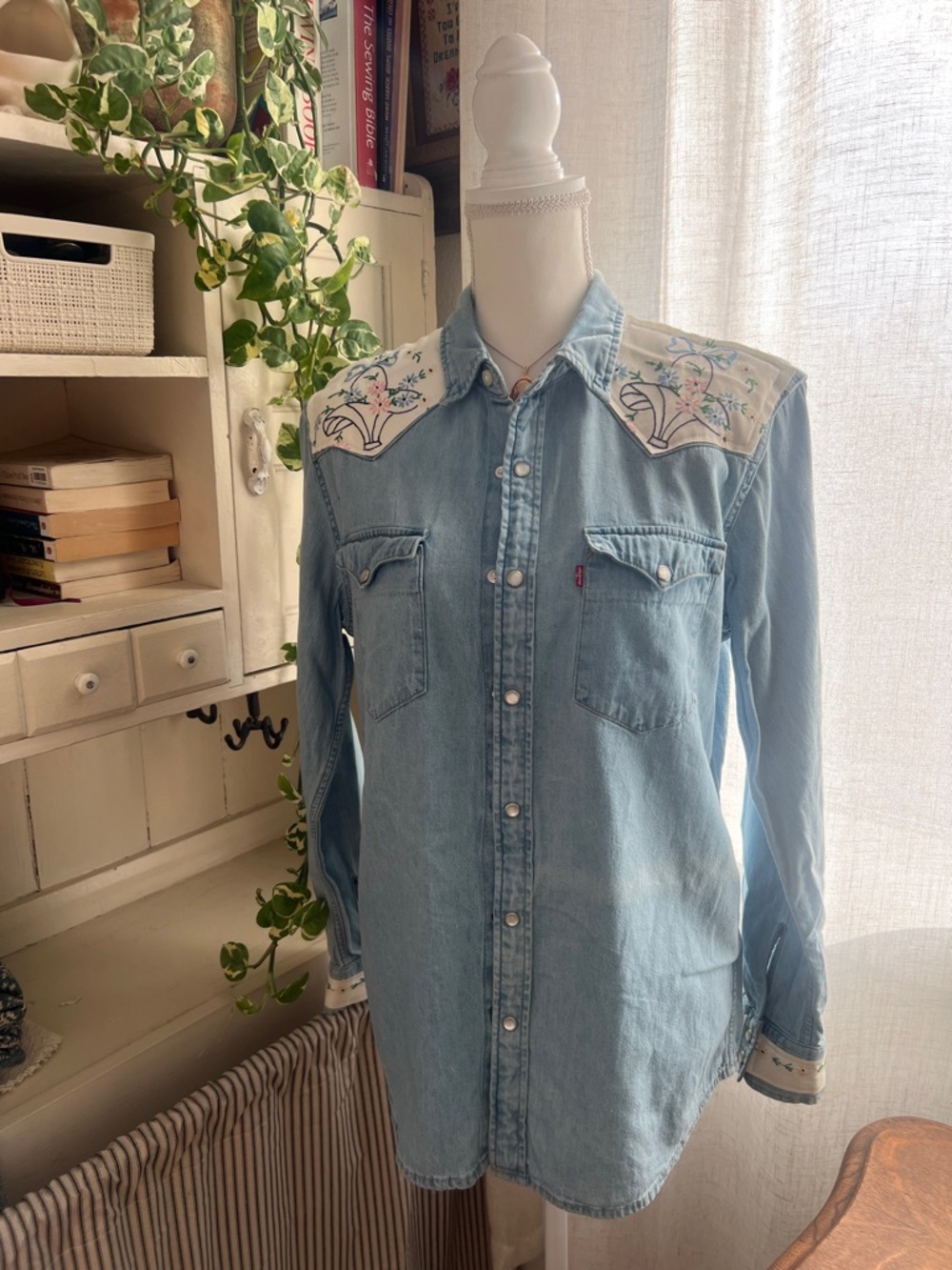 Levi denim button down shirt Upcycled antique embroidery cross stitch detail MED